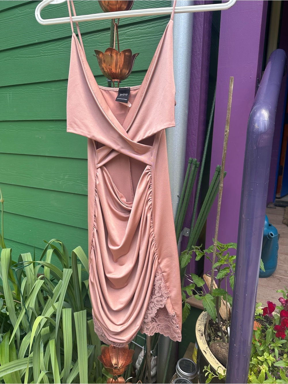 privy Blush Pink Draped Lace-Trim Mini Slip Dress